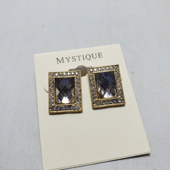 Mystique gold faceted clear stone with rhinestone border earring - Picture 3 of 4